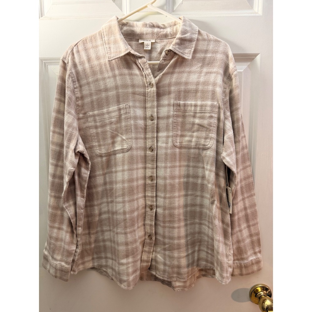 a.n.a a new approach Beige Plaid Flannel Shirt Relaxed Fit Large NWT